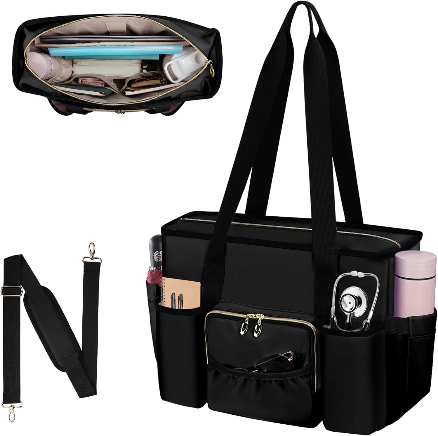 Nurse Bag, Work Bags with 15.6-inch Laptop Compartment, Teacher bag with Large Cup Holder, Nursing Tote Bag with Insulated Pocket for Nurses, Teachers, Students, and Professionals, Black