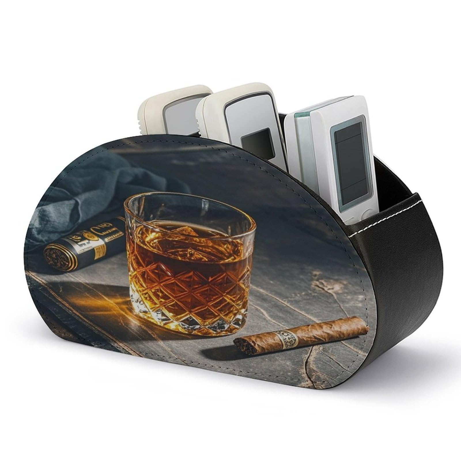 LZQPOEAS Cigar & Whiskey Remote Control Holder with 5 Compartments PU Leather Remote Organizer Box Caddy for Table Nightstand Remote Caddy Desktop Organizer Fits Media Controllers