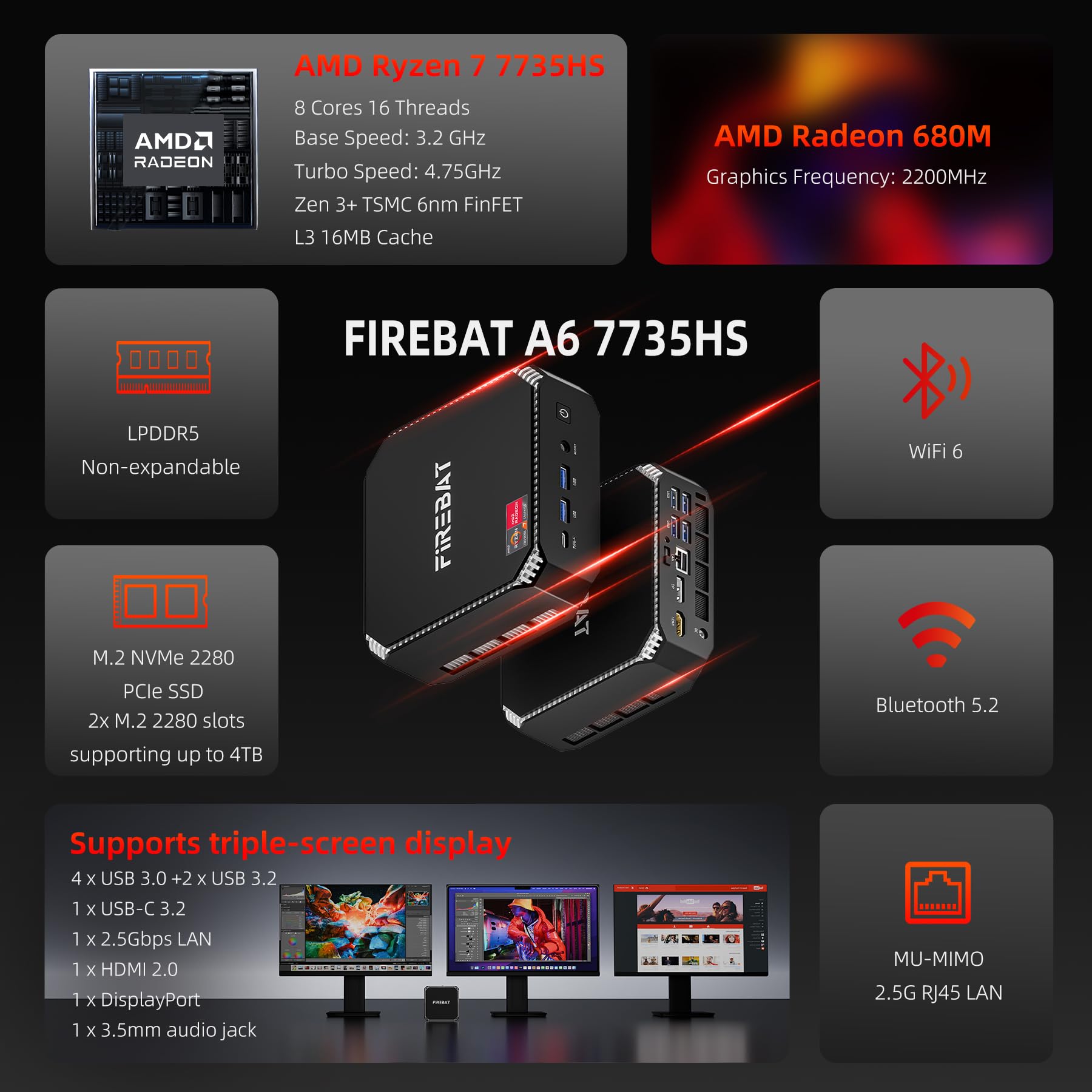 Amazon.com: FIREBAT Mini Gaming PC Ryzen7 7735HS【A6】8C/16T, Up