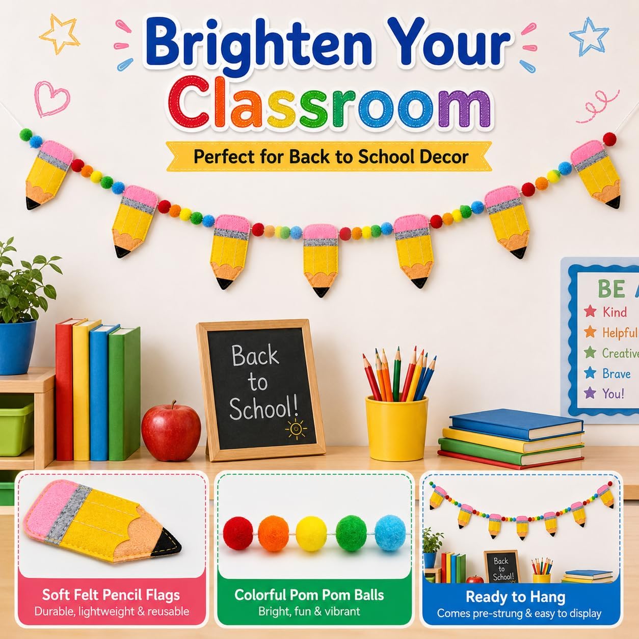 Back to School Classroom Garland Felt Pencil Pom Pom Hanging Banner image 3