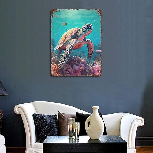Miniatura 10 de Country Metal Tin Sign Nautical Beach Ocean Theme Underwater Turtle Wall Poster Tin Signs Watercolor Marine Life Tropical Front Door Porch Yard Home