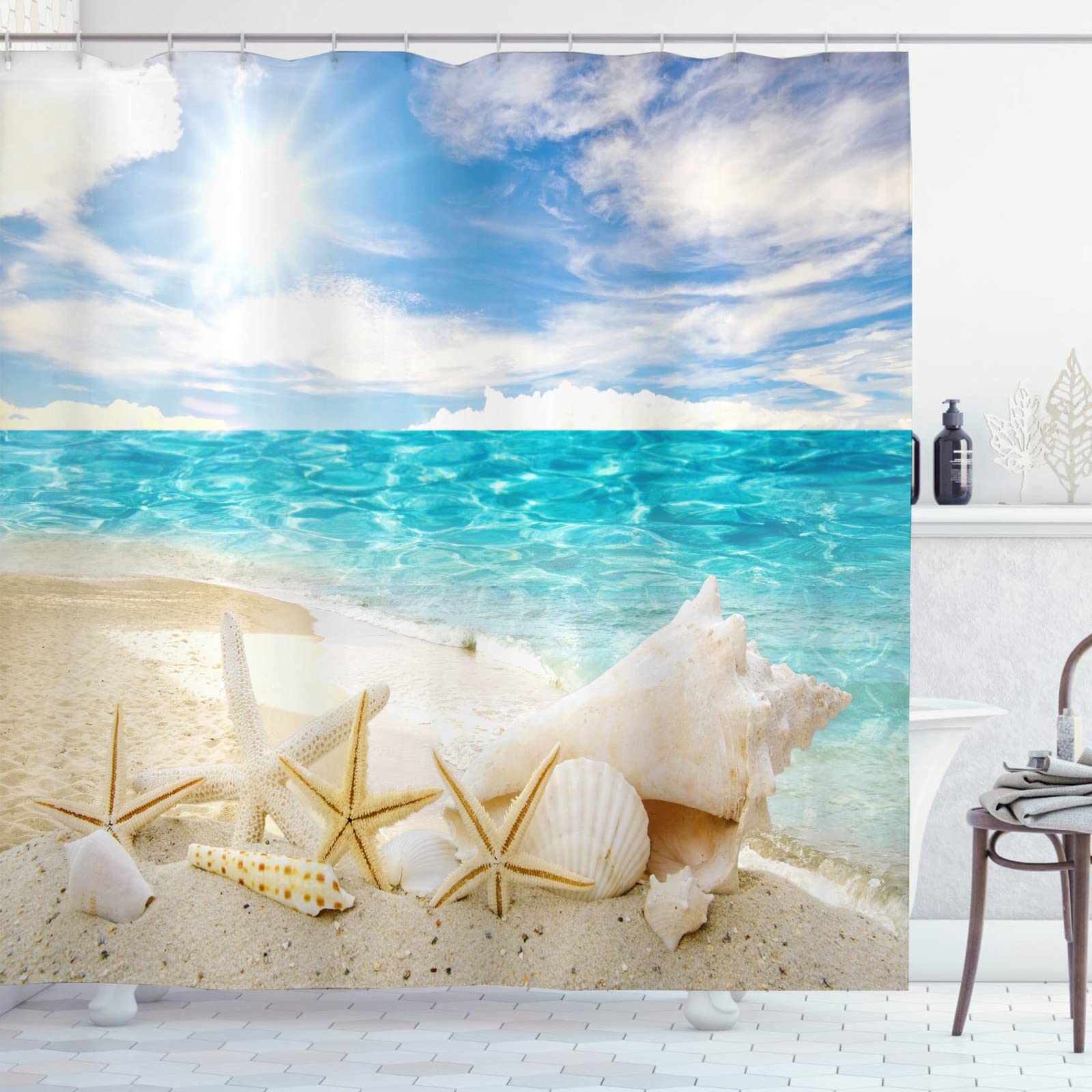 OCEUMACO Shower Curtain 3D Ocean Beach Scenery for Wet Room Extra Long Tropical Island Starfish Shells Bathroom Curtains Anti Mould Proof 180 x 200 cm Waterproof with Hooks Eyelets - Blue