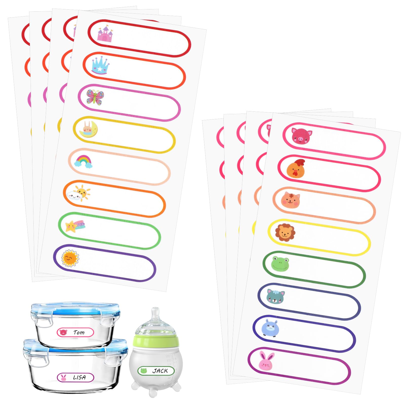 64 Pcs Name Tag Labels Waterproof Write-On Bottle Labels for Daycare Self-Laminating Adhesive Name Badge Stickers Assorted Pattern for School Office Family Themed Party