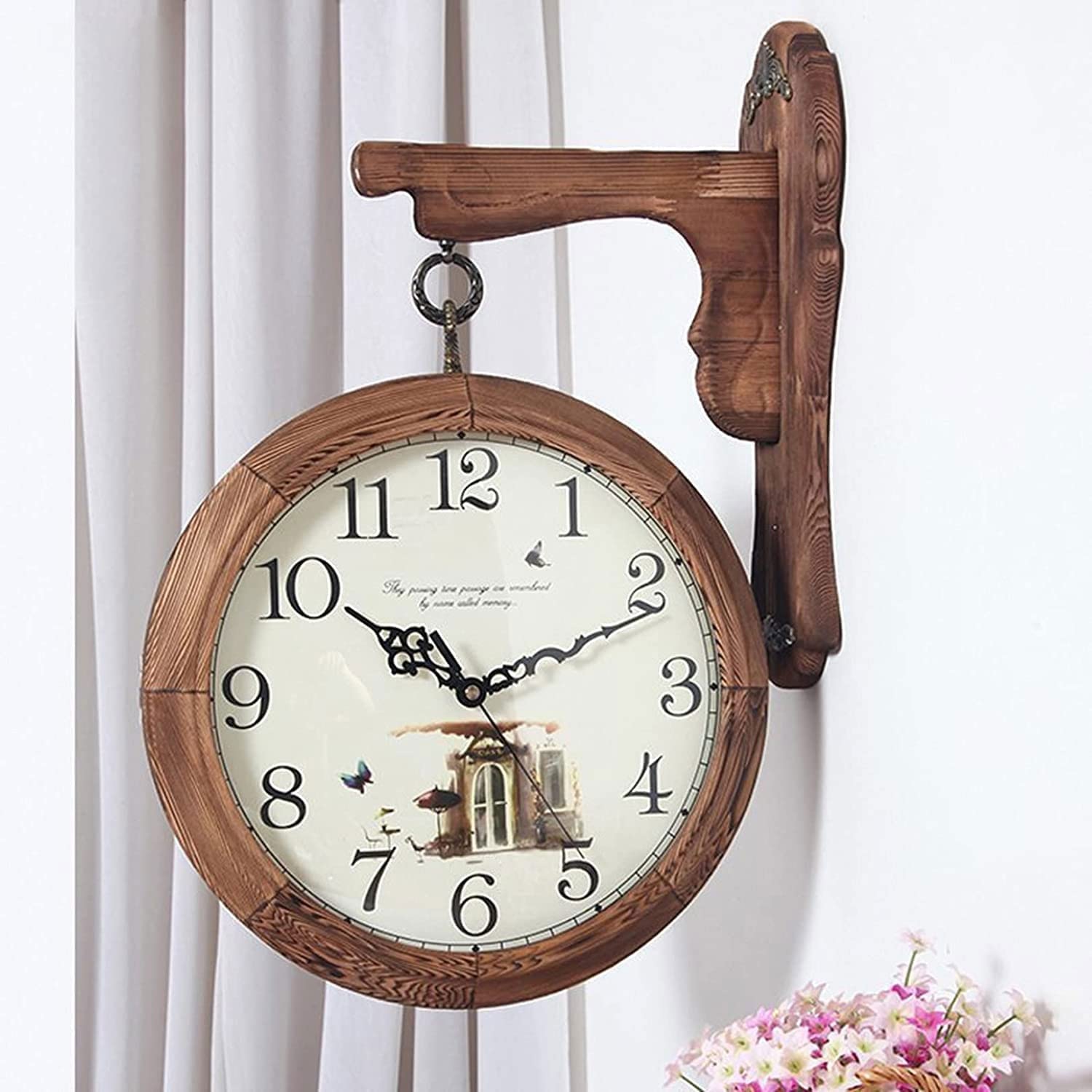 MYUYEE Farmhouse Vintage Clock Vintage Double-Sided Wood Living Room Clock Mute On Both Sides Simple Clock for Bedroom Office,One Color-42 * 48cm