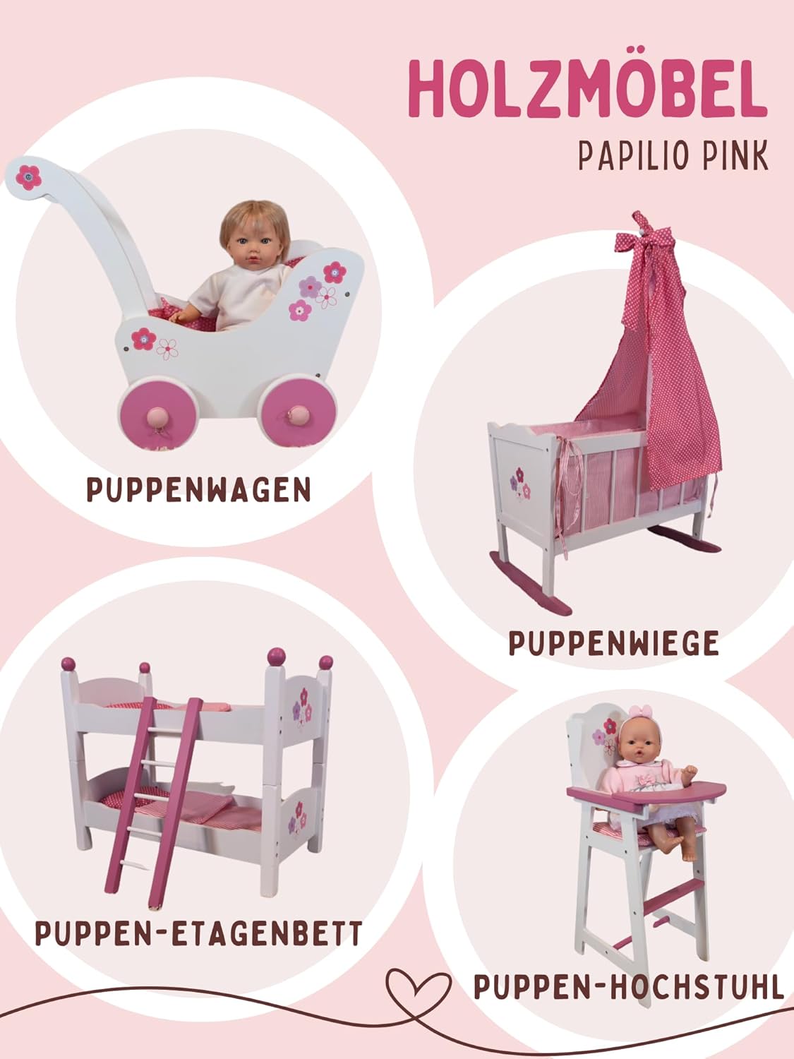Bayer Chic 2000-501-99 Doll's High Chair for Dolls up to 46 cm, Doll Furniture, Doll Accessories, White/Pink