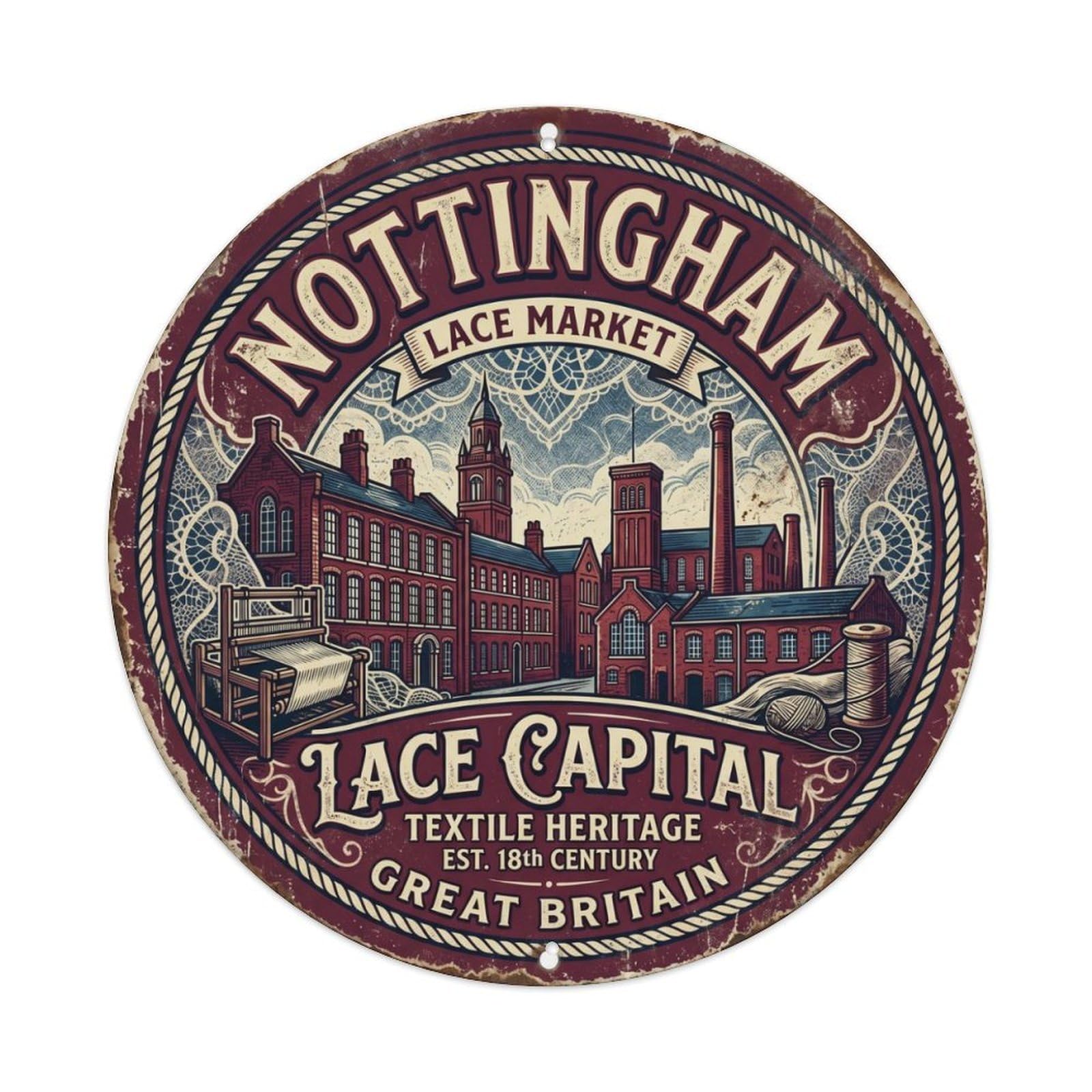 Vintage Travel Nottingham Lace Market Metal Tin Sign Plaque Wall Decor for Cafe, Club Bar, Office, Home Garden Round Metal Poster 8x8Inch