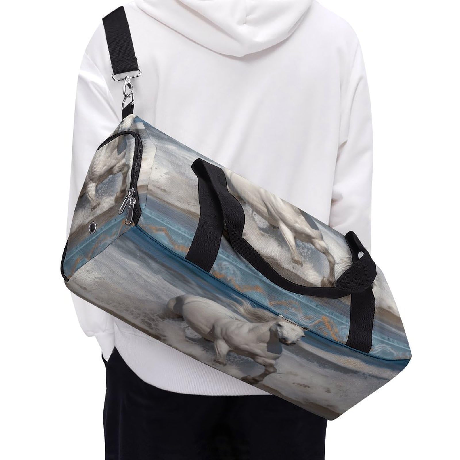 Turnbeutel für Damen und Herren, weißes Pferd, das auf dem Meer läuft, wiederverwendbar, Turnbeutel mit Schuhfach, Stil, Einheitsgröße, modern, Stil:, Einheitsgröße, Modern