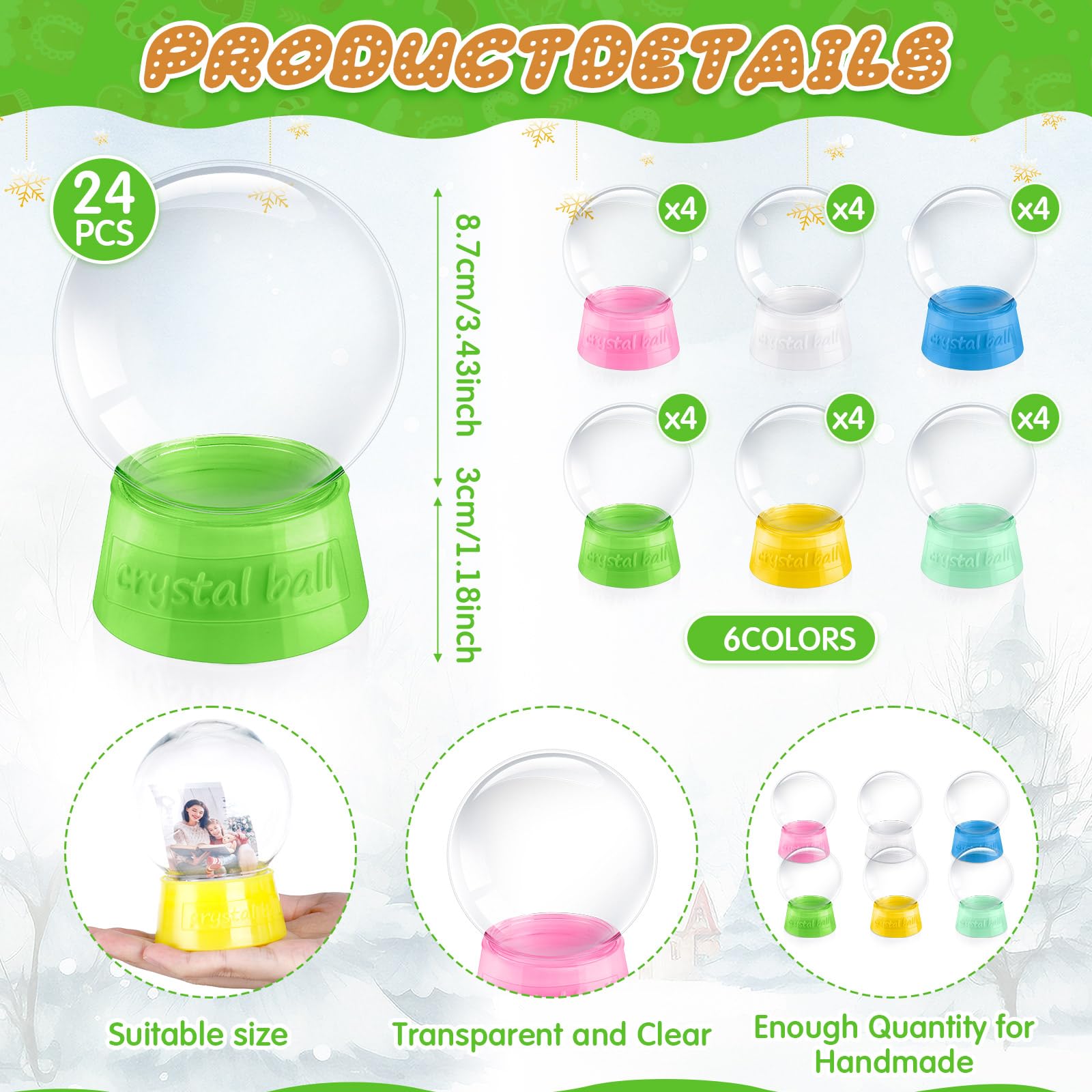 Mifoci 24 globos de nieve de plástico transparente de 4 pulgadas, globos de nieve de Navidad rellenables vacíos con tapa de rosca, caja de exhibición para manualidades, adornos de niños, decoración