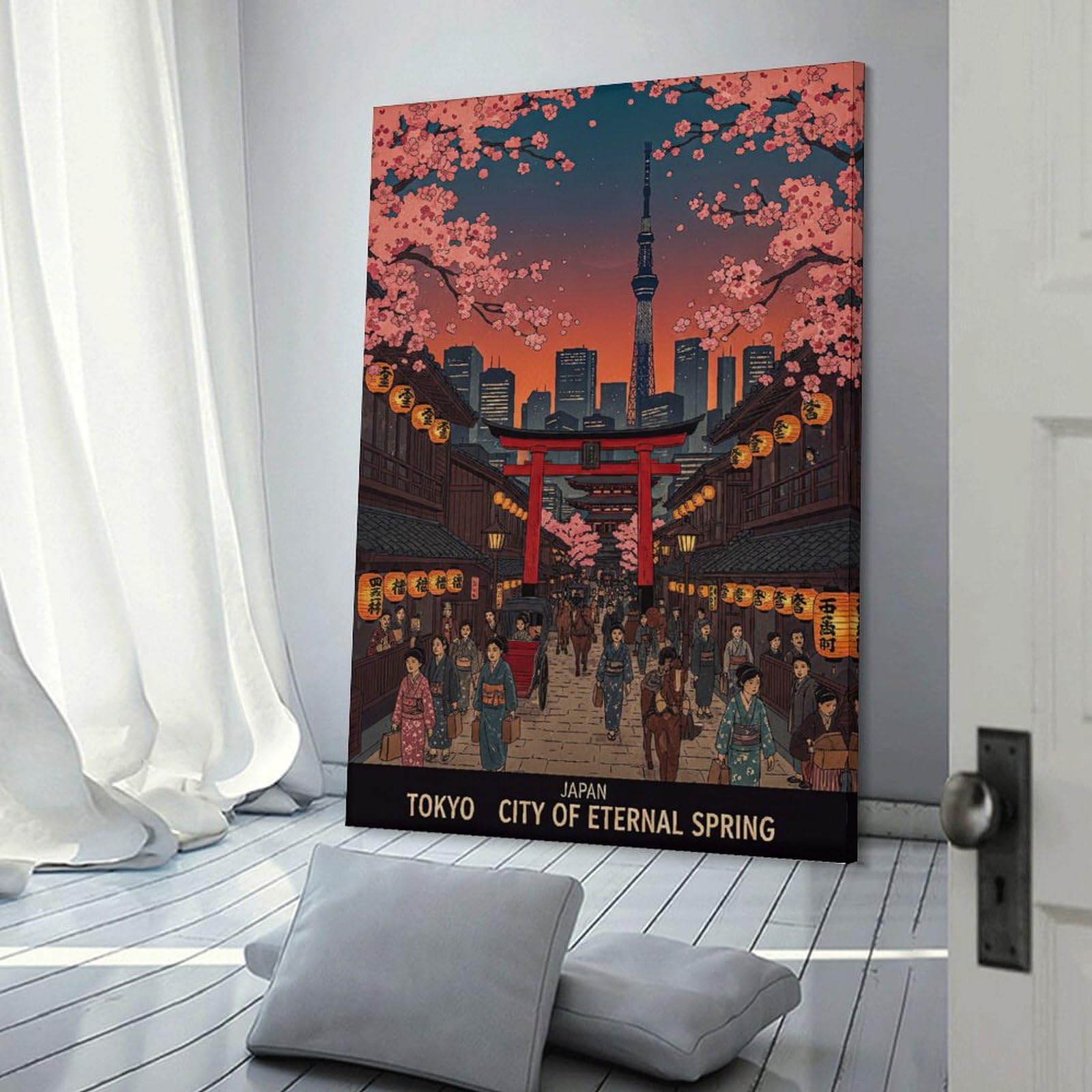 Junmoney Tokyo Cityscape with Cherry Blossoms(2) Decorative Wall Artwork 24x36inch(60x90cm), for Home Lounge, Bedroom Or Reading Nook, Modern Wall Decor for Cosy Interiors