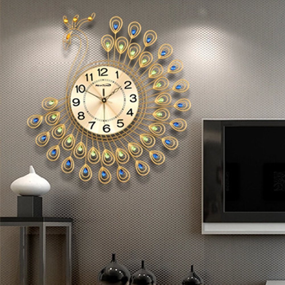 3D Wall Clock Peacock 40pcs Diamonds Decorative Clock Diameter 20.8"
