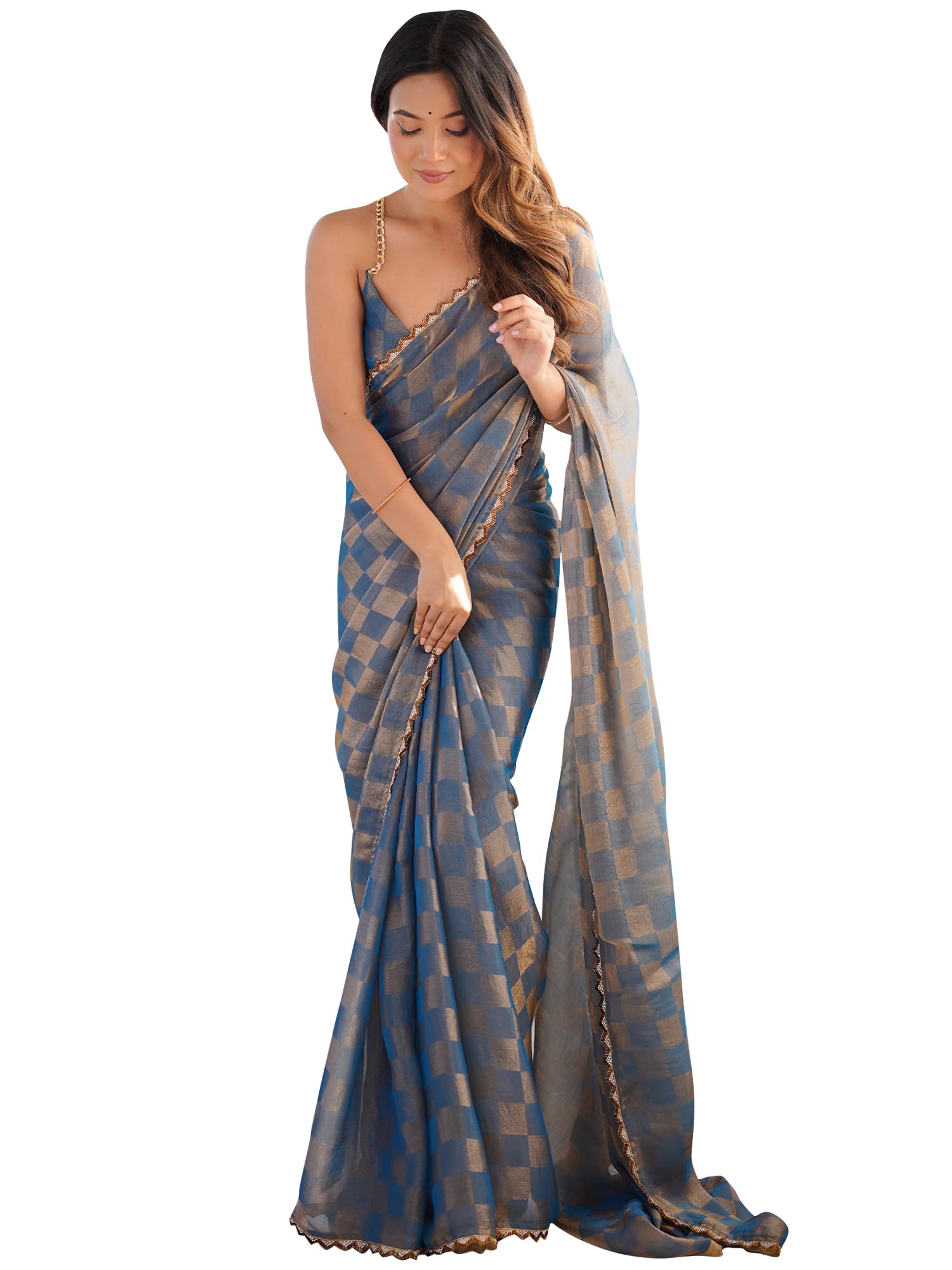 akhilam Women's Chiffon Checkered Printed Saree With Unstitched Blouse Piece (AARYAN14602_KR_Parent)-picture-58