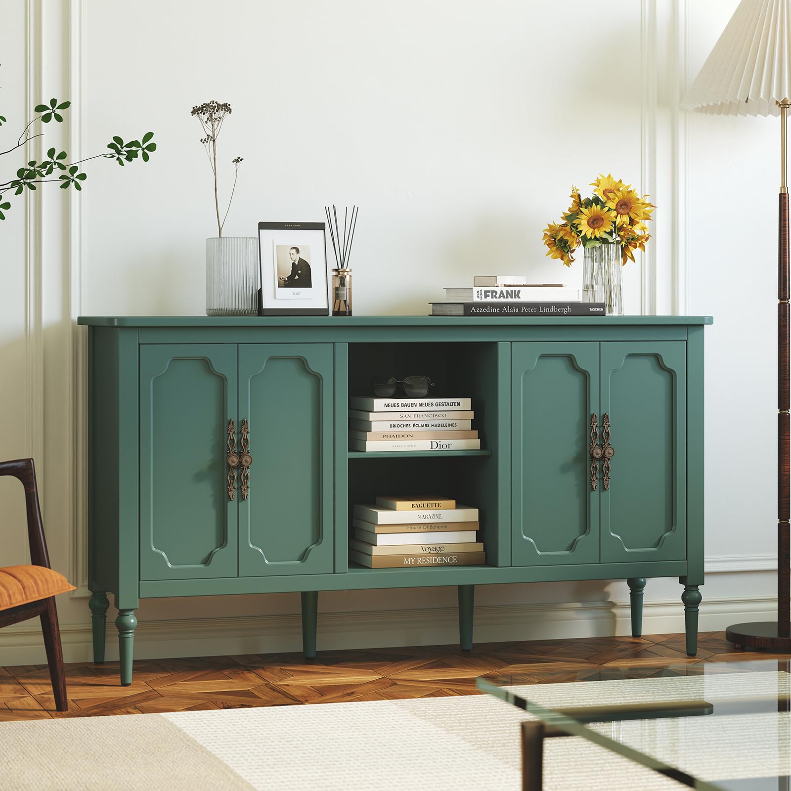 HOLTICO Aparador,Mueble Auxiliar,Cómoda De Almacenaje con 4 Puertas Y Estante Abierto,2 Estantes Ajustables En 3 Niveles,para Salón Comedor Cocina,151x40,5x80cm,Verde