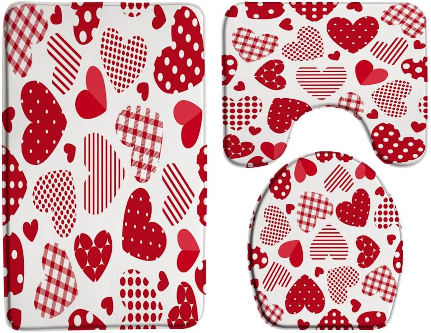 Red Heart Bath Mat Valentine's Day Heart Dot Striped Plaid Sweet Love 3 Piece Bath Rug Sets,16"x24"Bath Mat,Toilet Seat Cover, U-Shaped Toilet