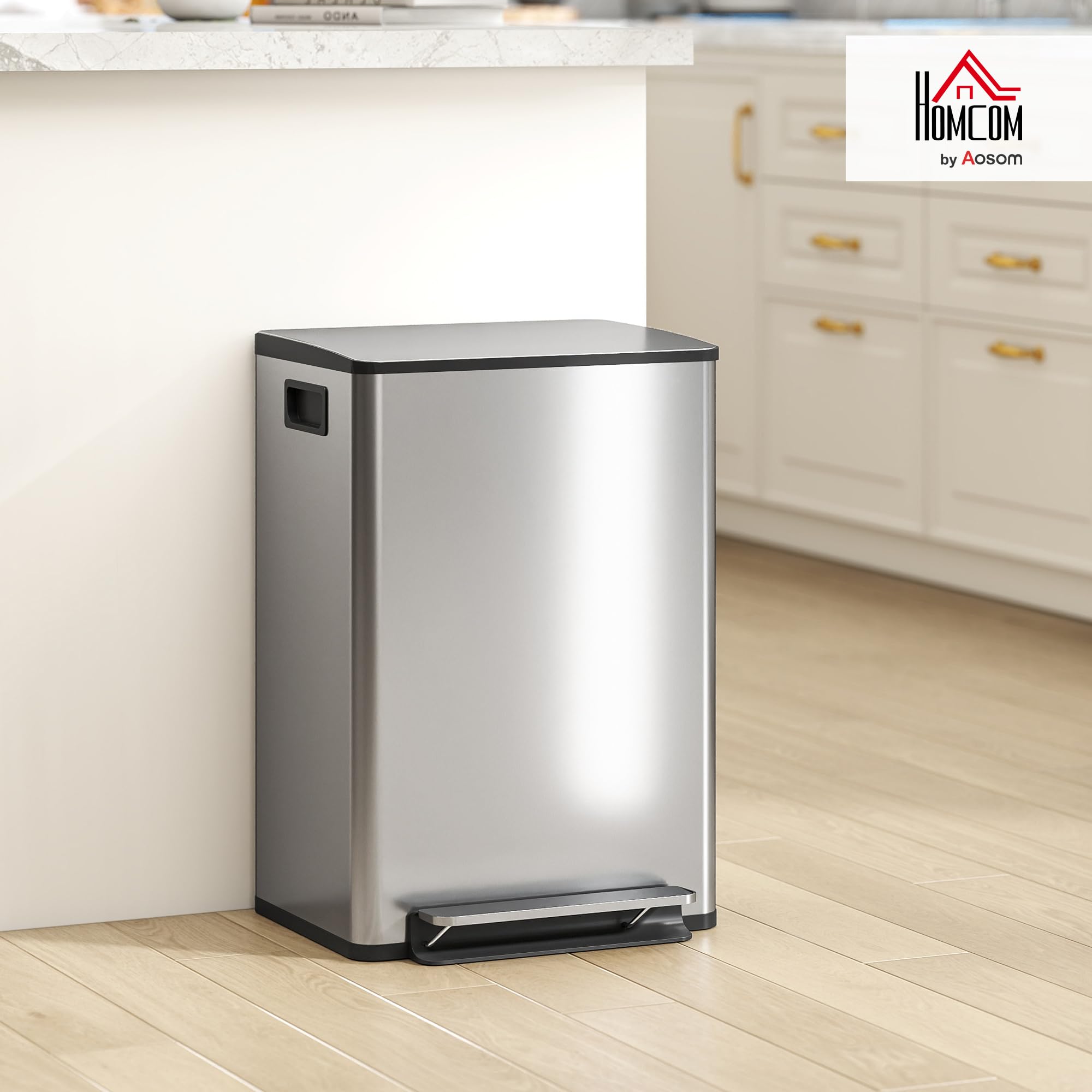 HOMCOM 13.2 Gal./50 L Cubo de basura antihuellas Soft-Close Tapa Plateado | Cubo interior extraíble, tapa de cierre suave, mantenimiento de apertura, filtro antiolor, asas