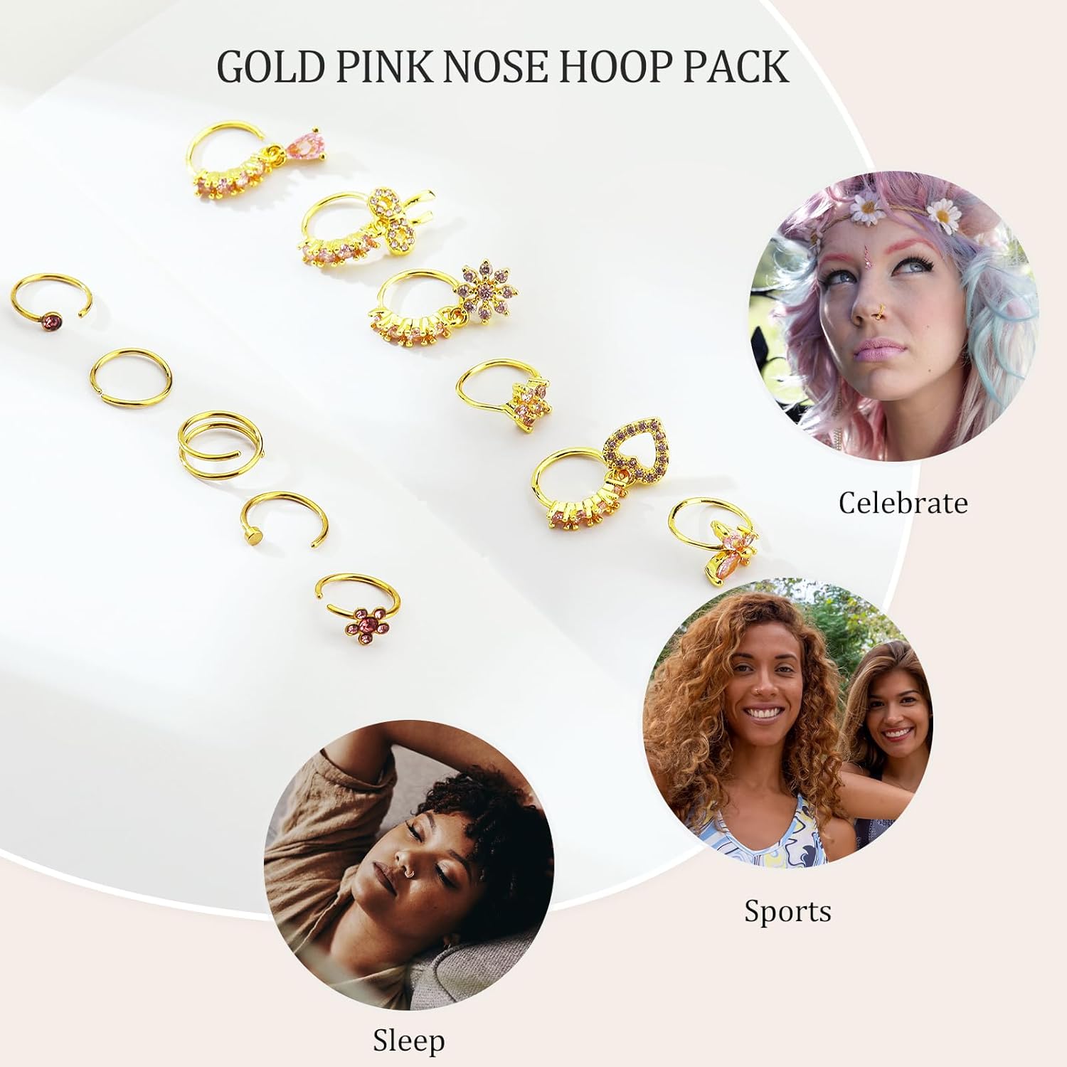 Hoop Nose Rings for Women Nose Piercings 20G Stainless Steel Nose Rings Hoops Heart Butterfly Flower Bow Teardrop Double Nose Hoops Gold Plated Silver Pink Clear CZ Nose Piercing Jewelry - Image 2