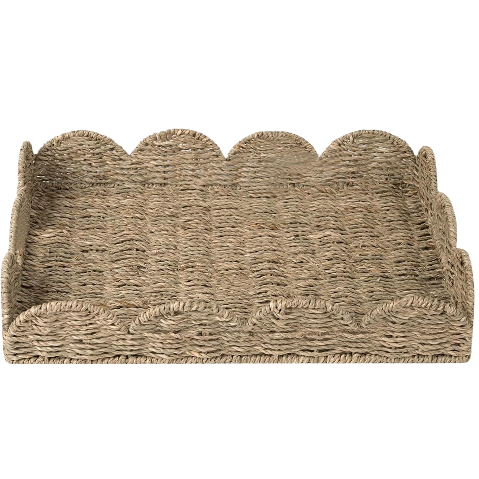 Wedhapy Rattan Tray Rattan Tray 19.7x14.6x3.9 Inch Rustic Woven Serving with Scalloped Edge and Handle for Coffee Table Living Room Desk