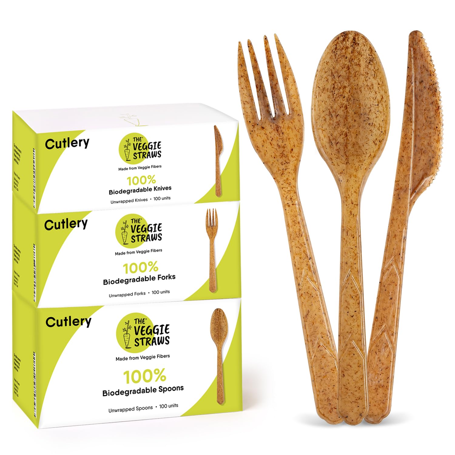 100 % biologisch abbaubares Besteck aus pflanzlichen Fasern, 300 Stück, 17 cm lang, robust und splitterfrei, umweltfreundliche Löffel, Gabeln und Messer, perfektes nachhaltiges Besteck The Veggie