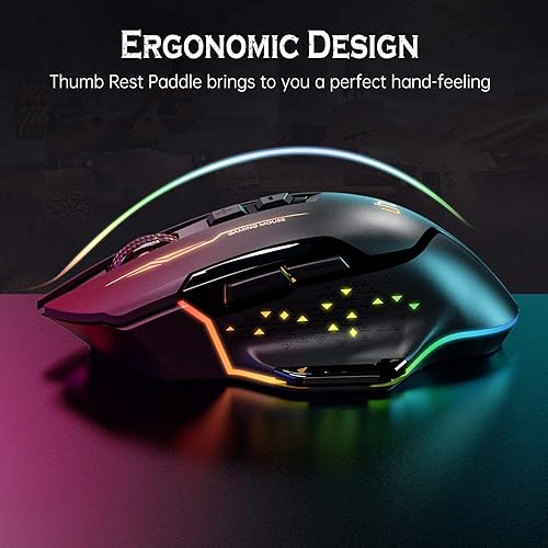 Miniatura 3 de UHURU Mouse inalámbrico para juegos, con cable e inalámbrico, doble modos, recargable RGB con 7 botones programables, ergonómico y 5 niveles de DPI