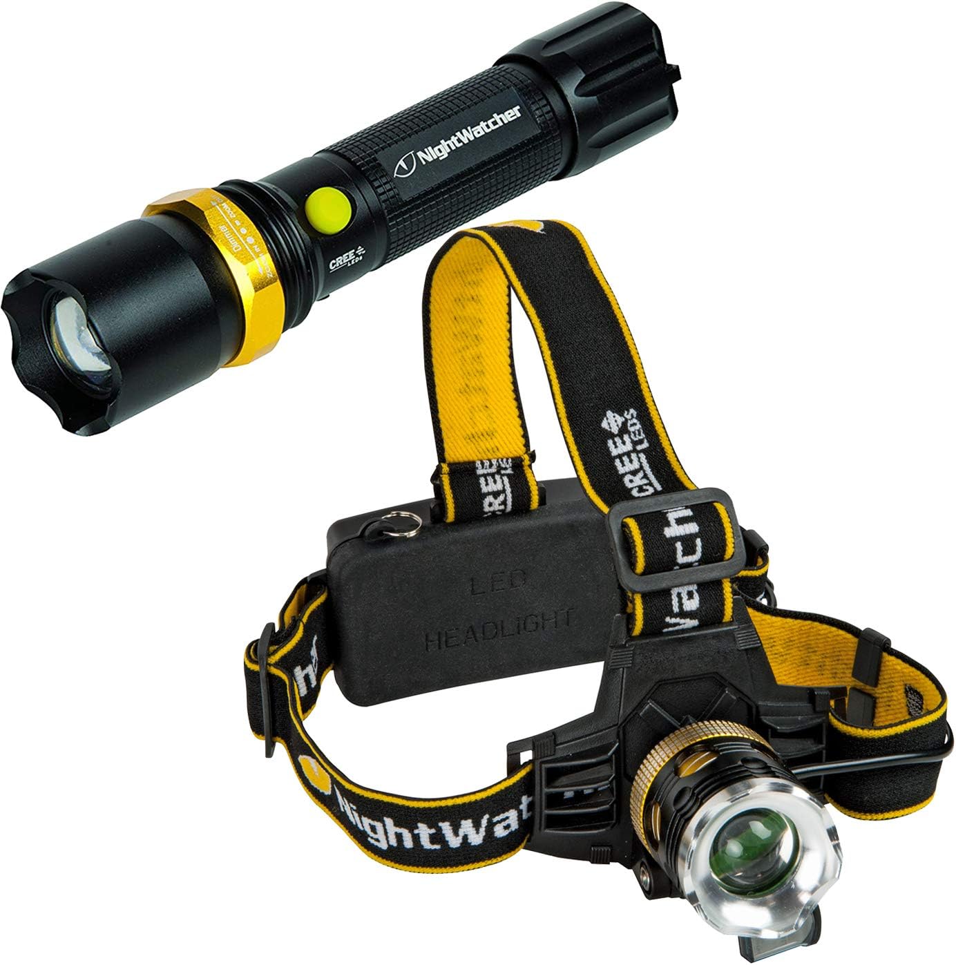 NightWatcher Lighting Combo Pack 5W Hand 3W Head Torch CREE LED Rechargeable, Aluminium, Black/Yellow