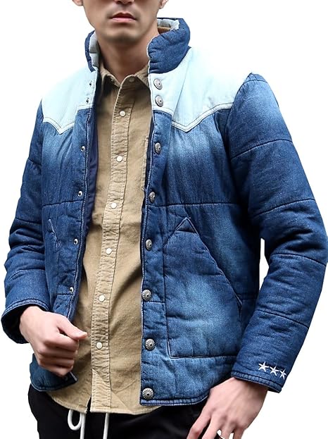 Amazon エン Enn メンズ ウエスタン 切替 インディゴ デニム 中綿 ショート丈 ダウンジャケット ブルー M コート ジャケット 通販