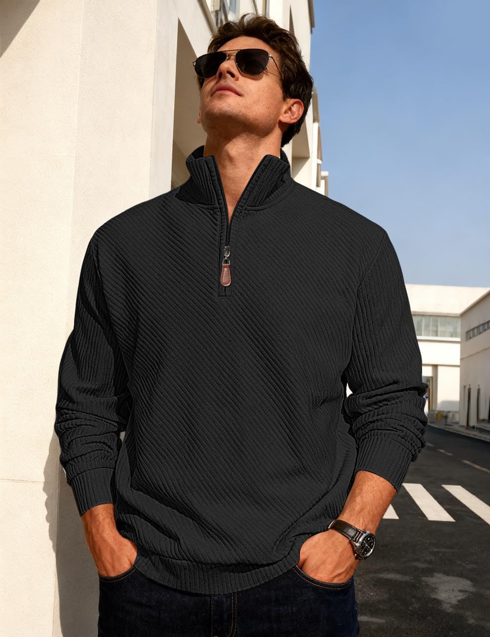 Mens Sweaters Pullover Sweater Casual Athletic Long Sleeve Quarter Zipper Stand Collar Sweatshirt - Image 4