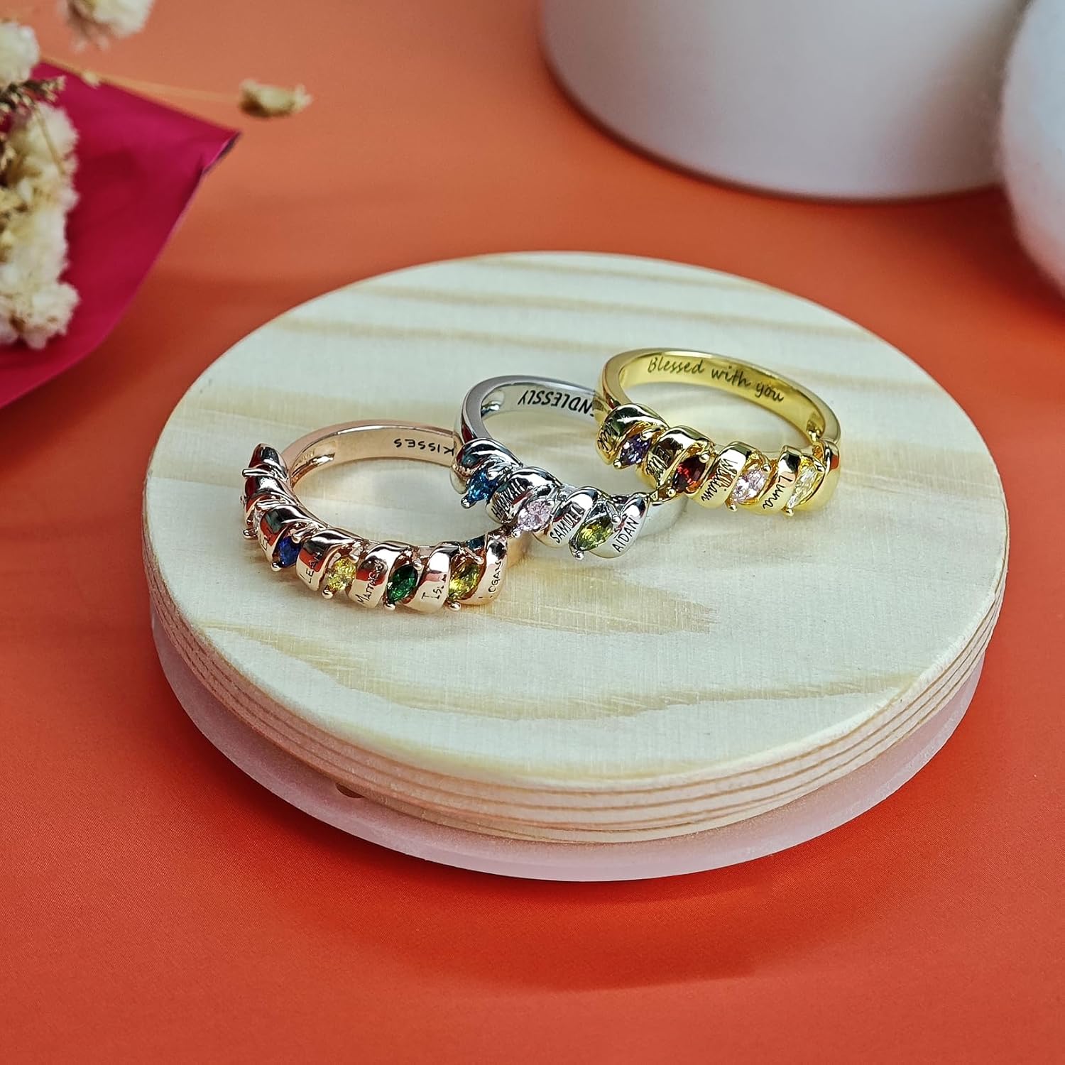 SYP S925 Sterling Silver Personalized Mothers Ring with 1-6 Names & Birthstones for Women Custom Name Ring for Mom Grandma Girlfriend Mothers Day Christmas Gift