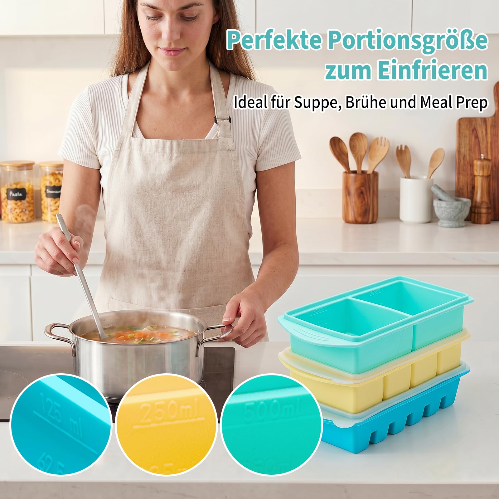 Juego de moldes de silicona con tapa, 3 unidades de 2/4/6 compartimentos con 10 pegatinas de colores, cuchara para sopa, salsas, caldo y preparación de alimentos, molde apilable para cubitos de hielo