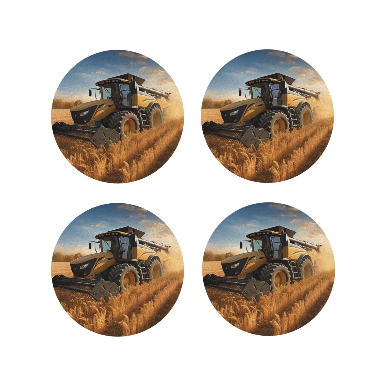 4pcs Drink Coasters for Tabletop Protection, 4" Leather Coasters for Drinks, Farm Tractor Harvester Cup Coasters for Coffee Table Decor, Non-Slip Drinking Cup Mat for Hot Or Cold Drink