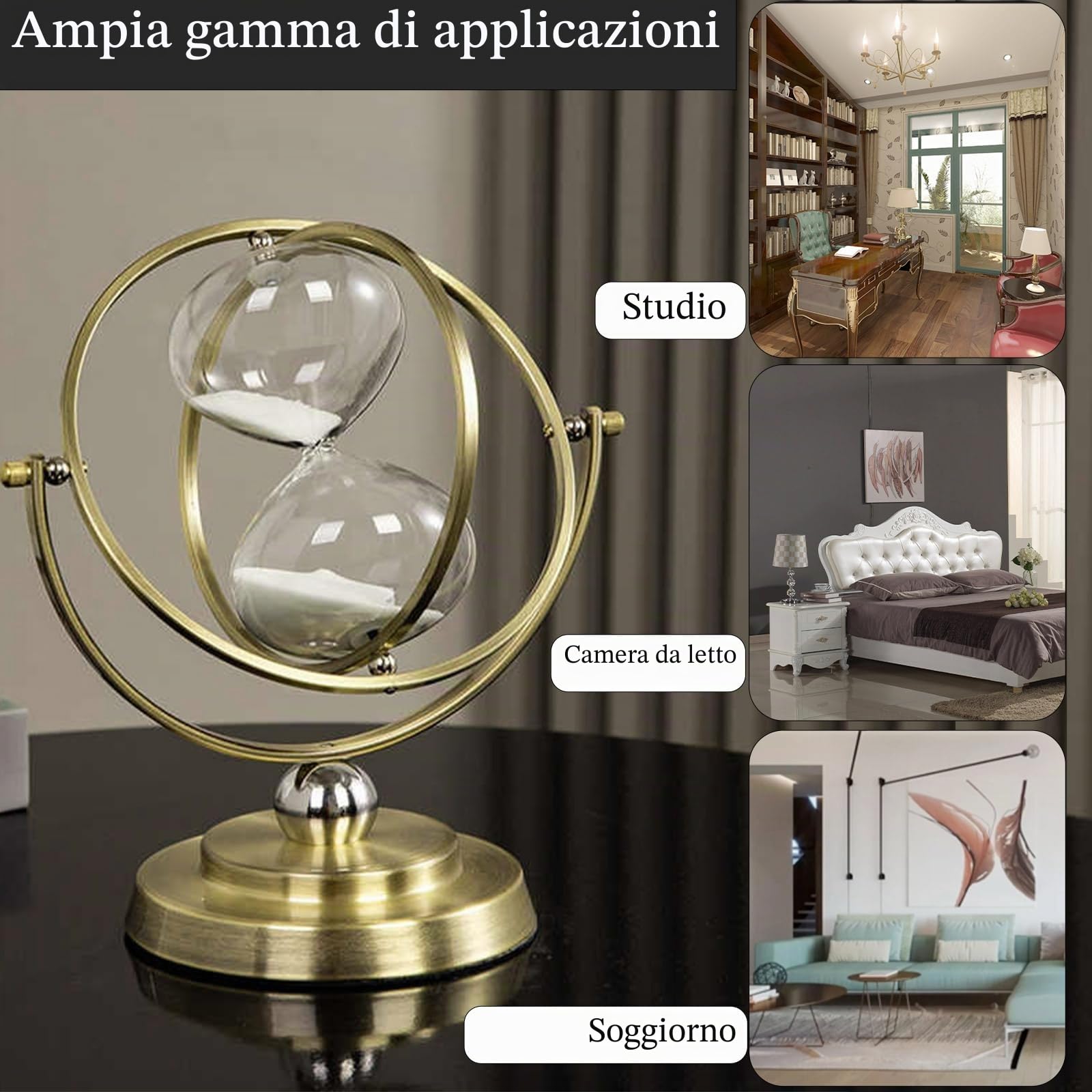 Clessidra 60 Minuti in Metallo e Vetro, Timer di Sabbia Girevole Bianco | In Vetro Borosilicato di Alta Qualità con Buona Trasparenza, Clip Artistica in Rame e Base, per Casa Ufficio e Aula