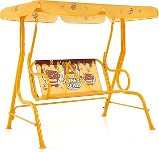GOPLUS Columpio de Exterior para Niños, Silla Colgante de Porche para 2 Personas con Techo Ajustable y Cinturones de Seguridad, Banco Colgante con Marco Metálico, para Niños de 3+ Años (Amarillo)