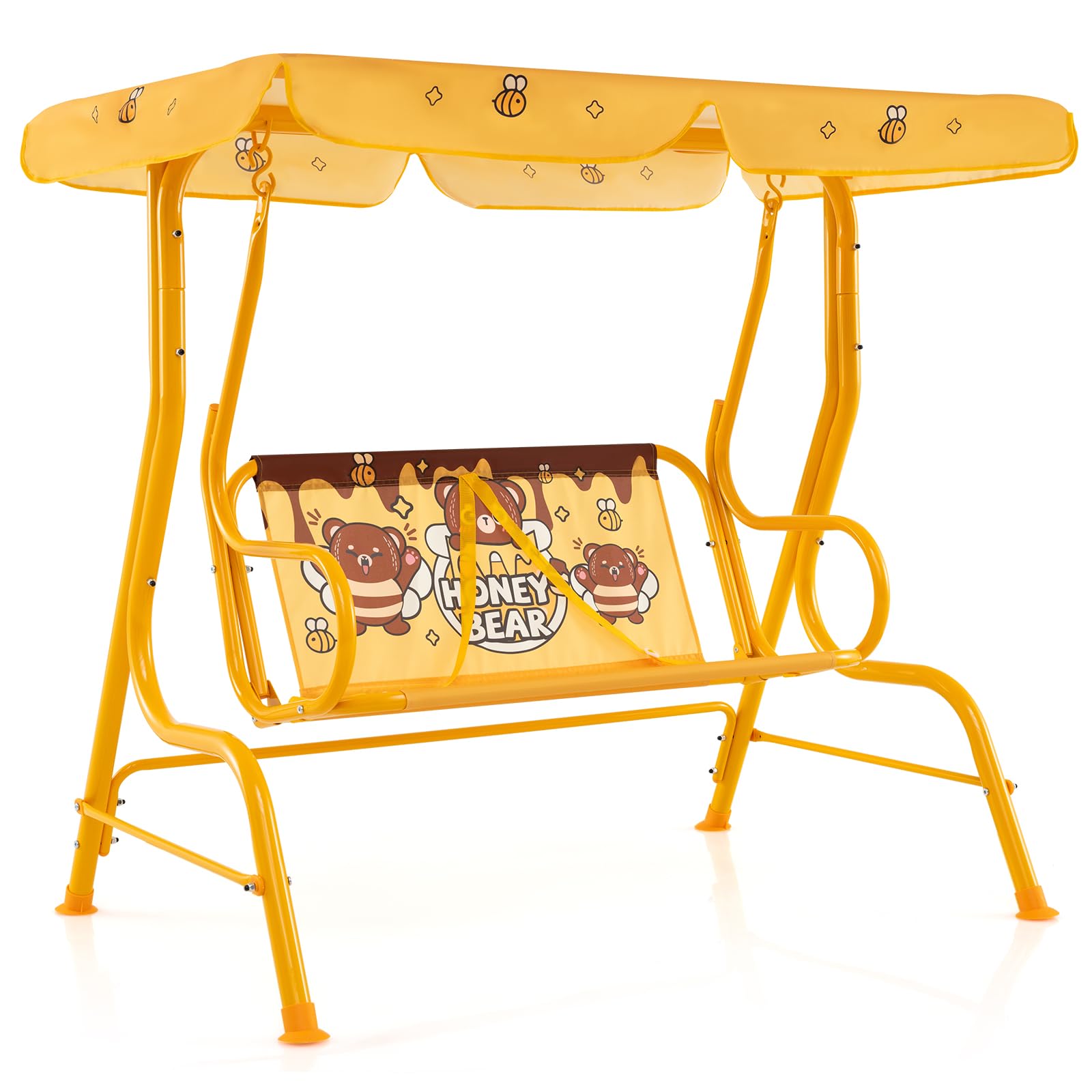 COSTWAY Columpio de Jardín Exterior para Niños de +3 Años, Balancín de 2 Plazas, Estructura Metálica, Dosel Ajustable y Cinturones de Seguridad, 112 x 76,5 x 111 cm, Carga 80kg (Naranja)