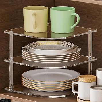 Multi Functional 3 Levels Corner Shelf Organiser Stackable Vertical Storage Rack for Kitchen Cabinets Dishes Bowls Waterproof Acrylic Shelf