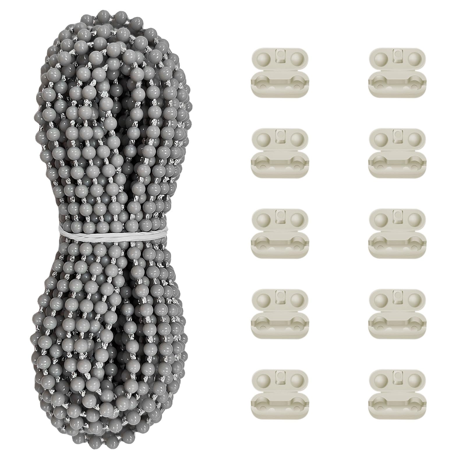 Plastic 10 Meters Blinds Beaded Chain Cord - Vertical Roman Roller Shade Blind Ball Chain Repair with 10 pcs Connector Clips Thickened Version (Grey)