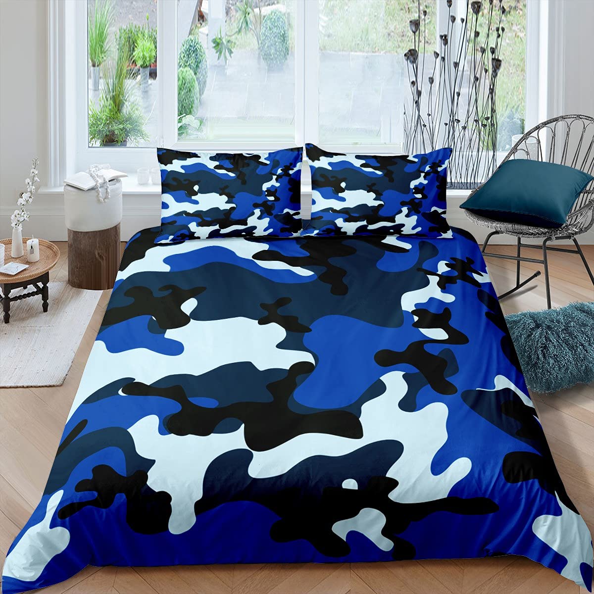 Housse de couette enfants camouflage militaire bleu foncé king en tissu supérieur