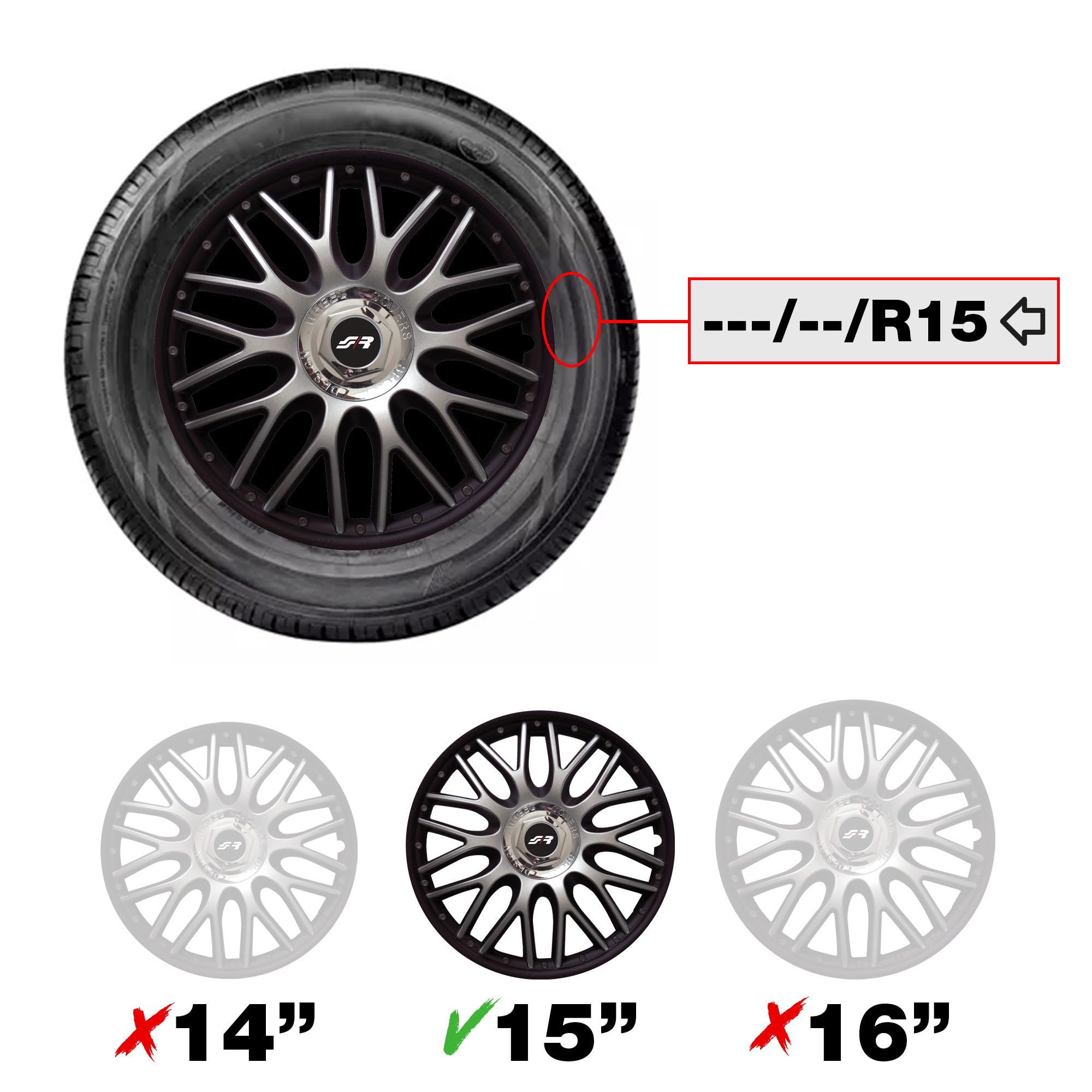 Simoni Racing ORD/15B, Set 4 Copricerchi universali Orden Black da 15" pollici, Copriruota auto Grigio e Nero