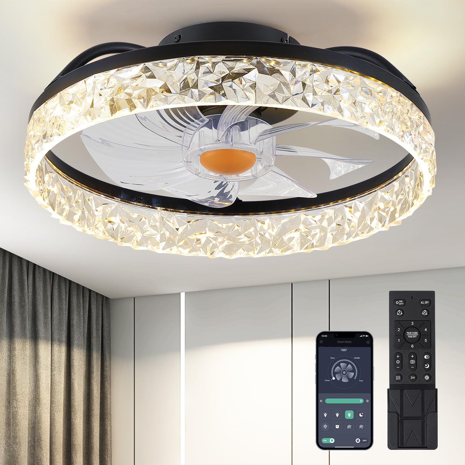 Ceiling Fans with Lights Low Profile - 15.7" Flush Mount Modern Ceiling Fans with Remote Control, Bladeless Enclosed Fans for Indoor Bedroom, Living Room and Kitchen