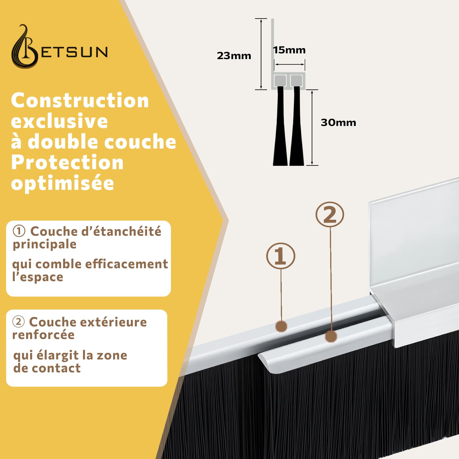 Lot de 4 – Joint de Porte à Brosse Retsun 53 mm x 880 mm – Double Couche Exclusive – Aluminium anodisé avec Fibres PP Haute densité – Anti-Courant d’air, Anti-Insectes et Anti-poussière（Double3cm, 4）