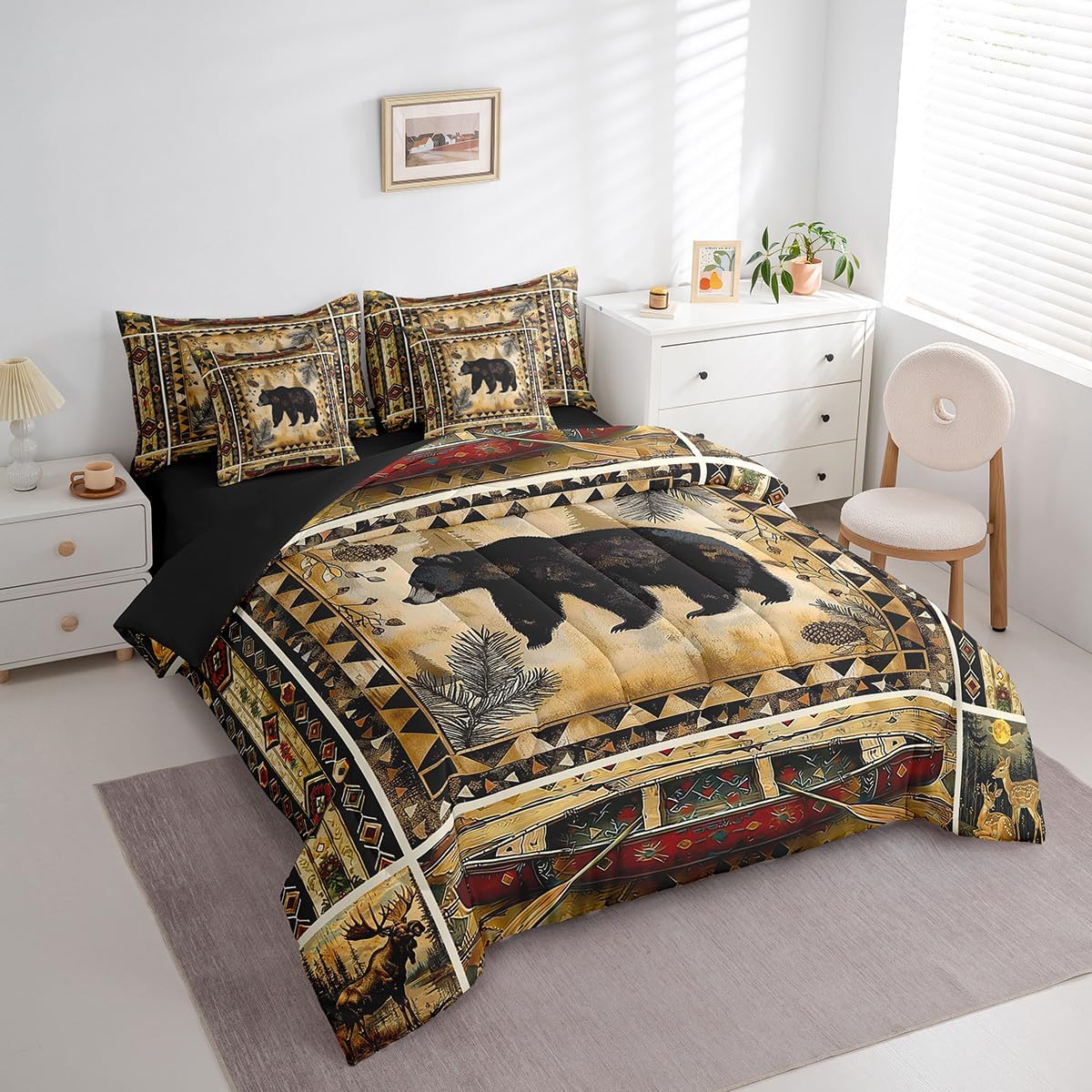 Feelyou Boys Girls Bear Bed in a Set Queen Size, Rustic Cabin Bears Bed in a Bag 7 Pieces Aztec Comforter Set with Sheets Kids Countryside Teens Bedroom Decor 7Pcs