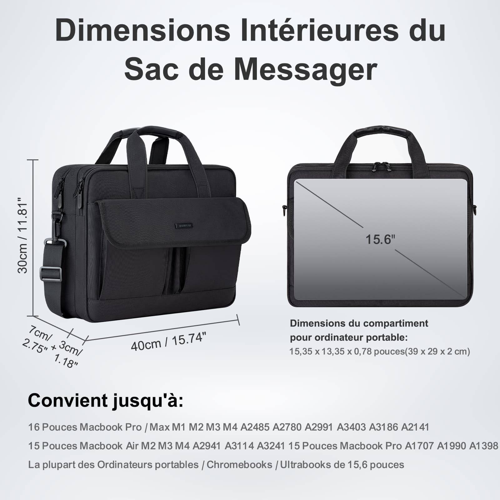 RAINYEAR Sac d'ordinateur multifonctionnel pour ordinateur portable de 15,6 pouces, Macbook Pro/Max de 16 pouces, sac à bandoulière résistant à la déchirure pour hommes, mallette de grande capacité