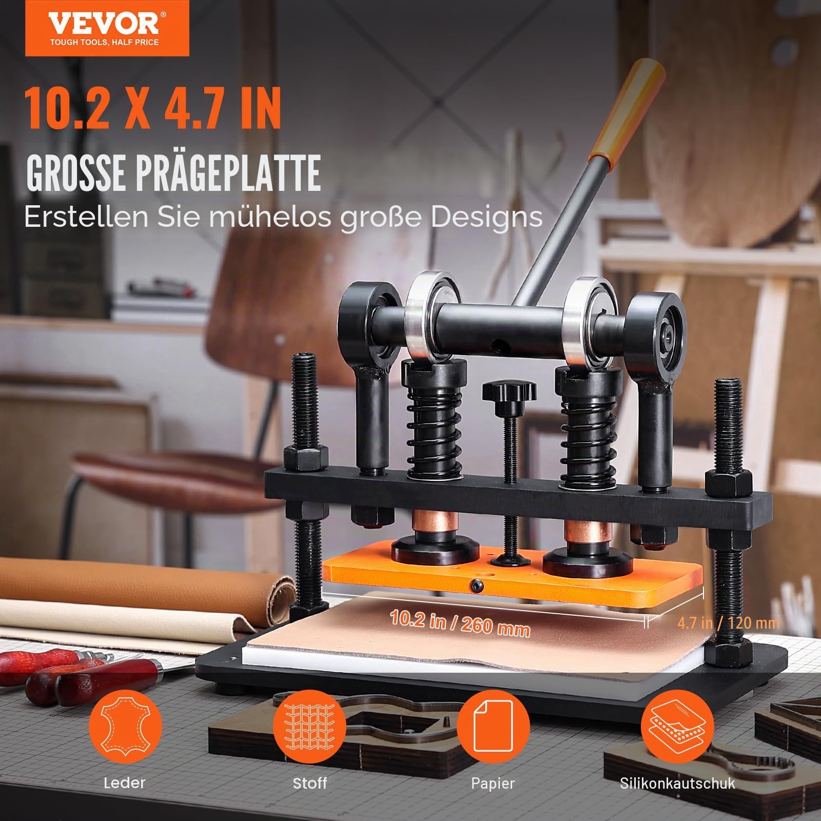 VEVOR Leder Stanzmaschine Manuelle Lederschneidemaschine 26 x 12 cm, Leder Prägemaschine 1,5 t Belastbare Leder-Stanzmaschine Geeignet für Leder, PVC/EVA-Schaumstoff, nicht Klebende Materialien