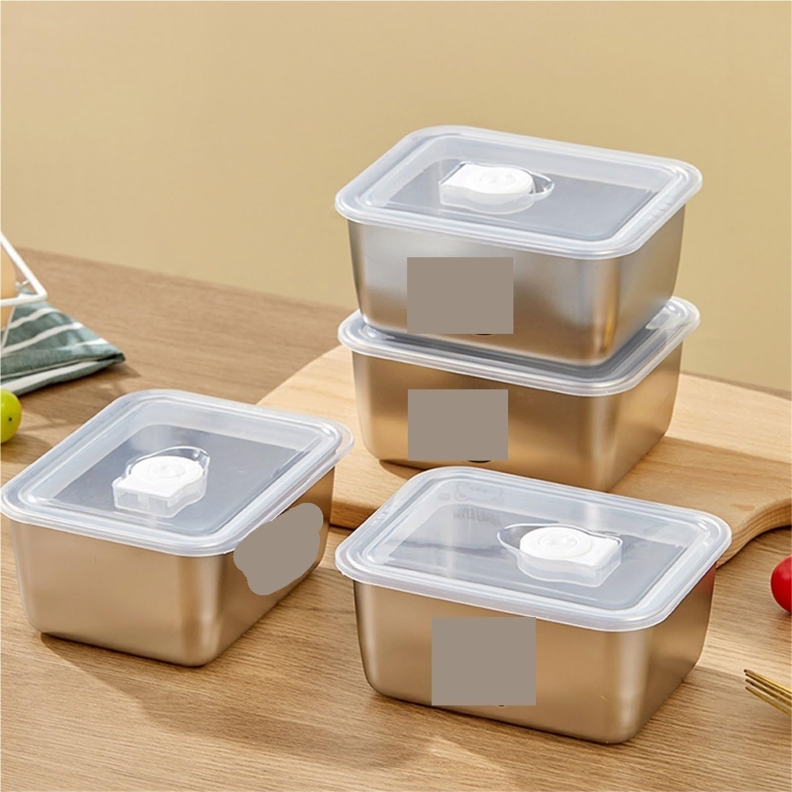 Contenitori per alimenti in acciaio inossidabile Contenitore for alimenti in acciaio inossidabile 304, quadrato, sigillato, con coperchio, impilabile, for conservare gli freschi(Mix 3pcs)