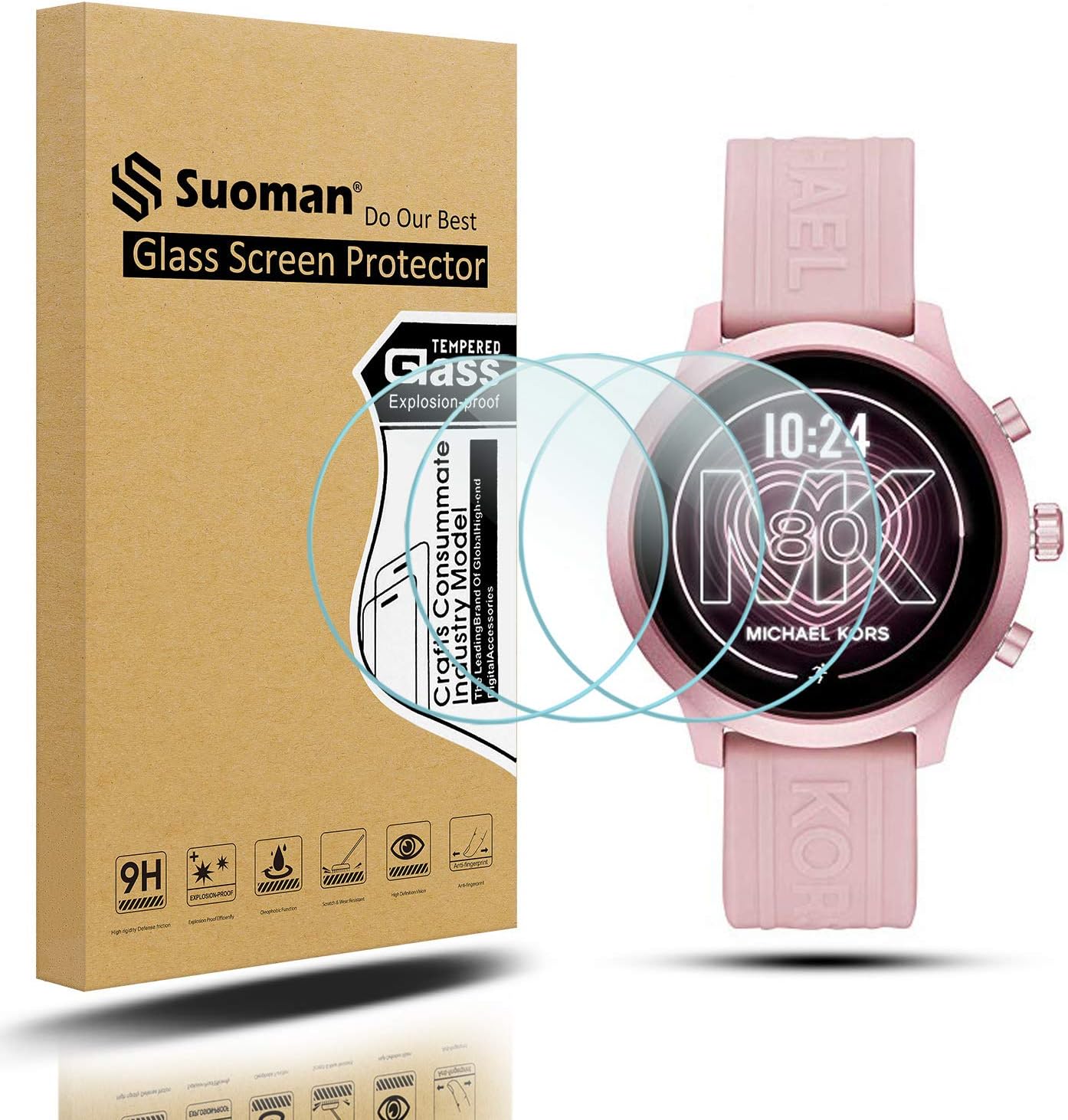 Suoman 3-Pack for Michael Kors Access MKGO Screen Protector Tempered Glass, 2.5D 9H Hardness Screen Protector for Michael Kors Gen 4 MKGO Smartwatch
