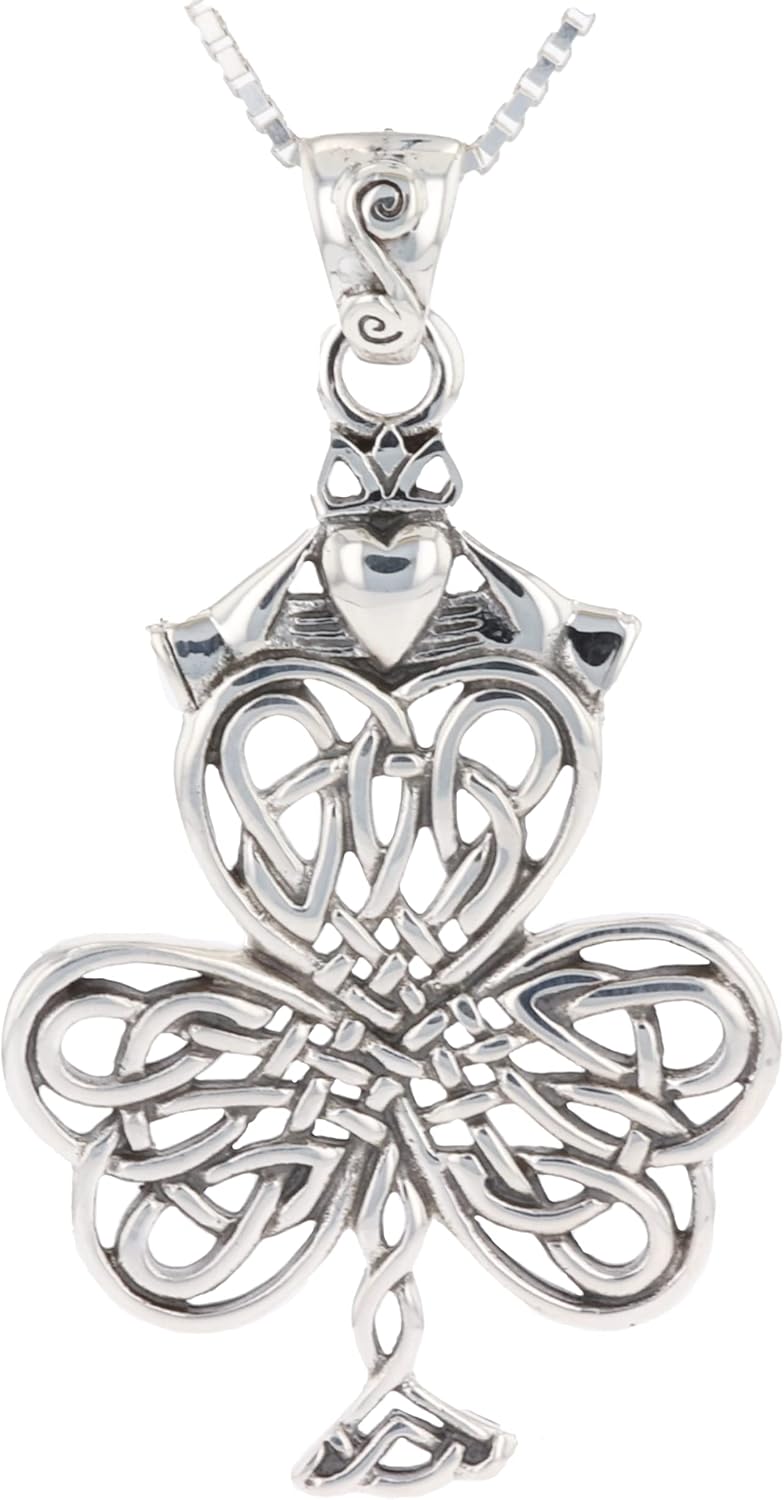Jewelry Trends Shamrock Clover Irish Claddagh Celtic Knot Sterling Silver Pendant Necklace