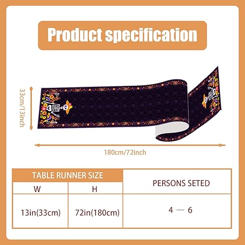 Miniatura 6 de Camino de mesa del Día de los Muertos Día de los Muertos, mantel mexicano de Halloween, calavera de azúcar, decoración de mesa para el hogar,