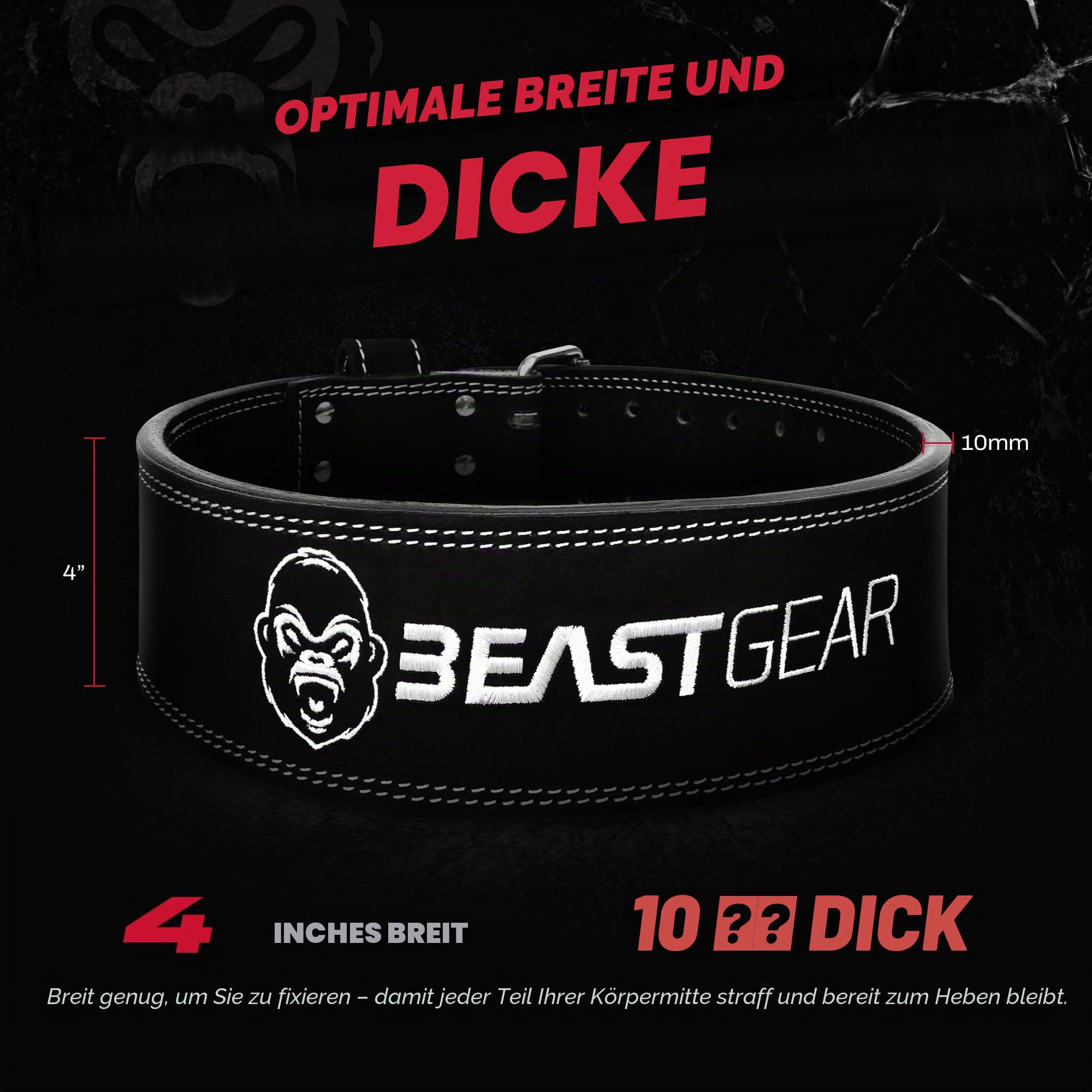 Beast Gear Gewichthebergürtel - Leder 10mm Gepolstert Gym Gürtel Herren, Trainingsgürtel für Klimmzug Gürtel, für Gewichtheben, Krafttraining Zubehör für Damen und Herren