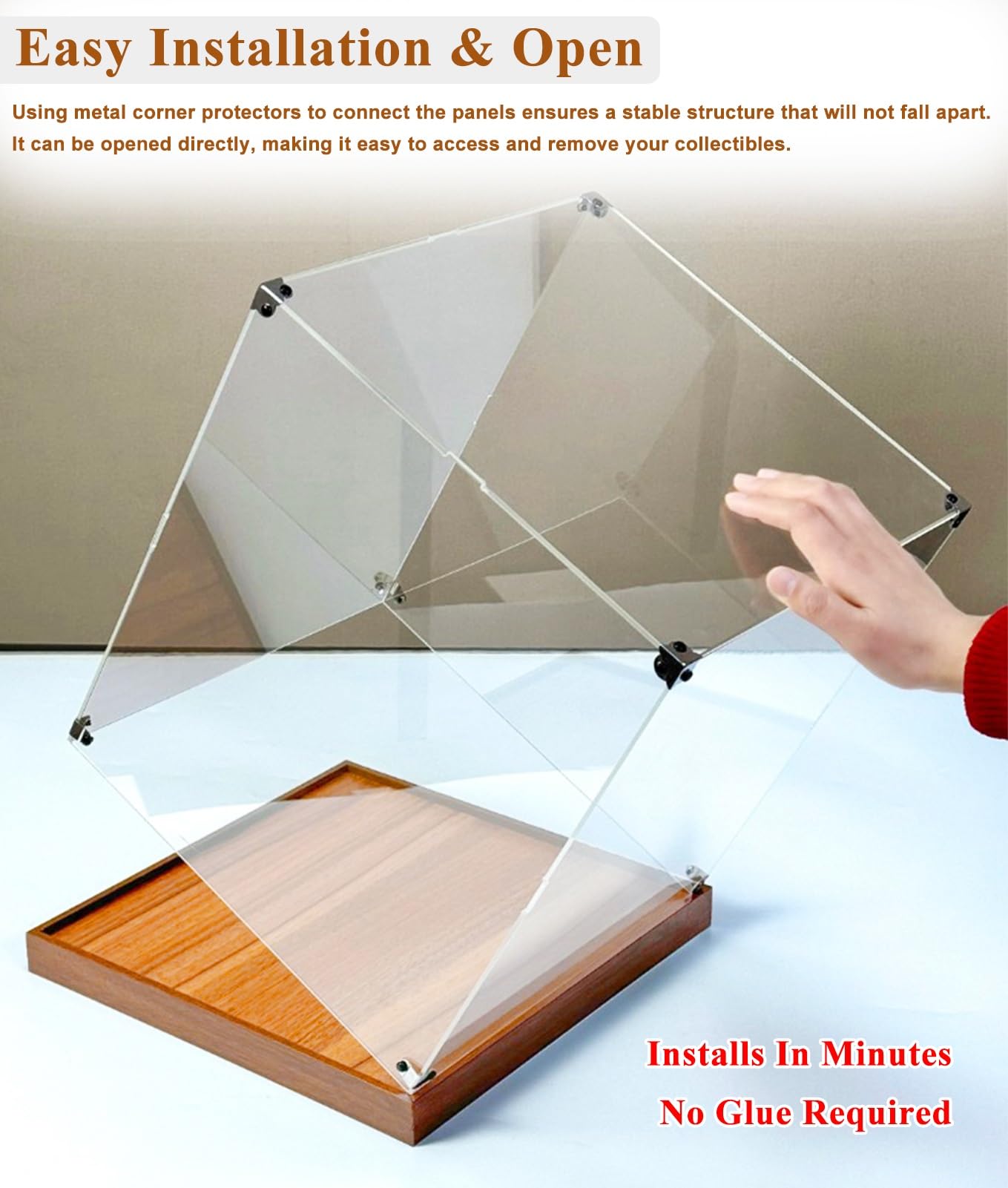 Vitrina Expositora Vitrina de Acrílico con Esquinas Metálicas y Base de Madera, Caja Expositora Transparente Antipolvo para Coleccionables, Recuerdos(40x15x15cm/16x6x6in)