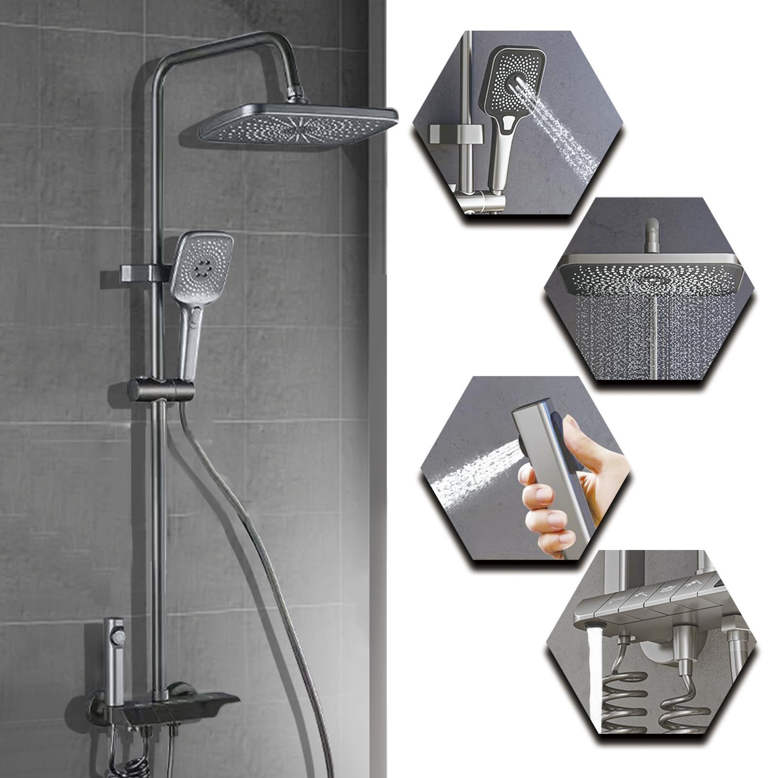 Colonna Doccia con Miscelatore Doccia Soffione Completo Asta Doccia con Soffione e Doccetta 135 cm Regolabile Soffione Doccia Quadrato (Grigio)