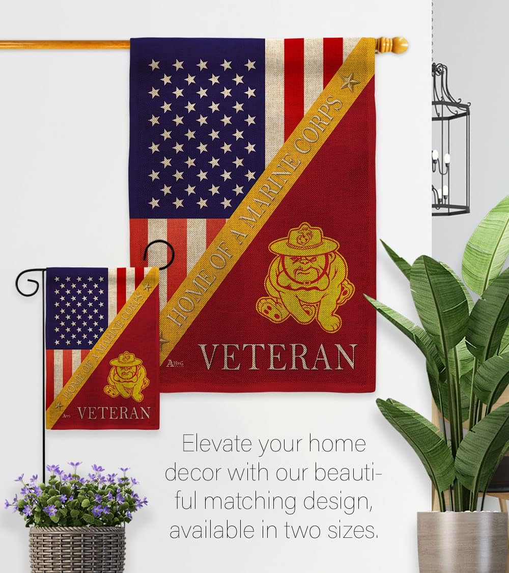 Home of USMC Burlap Garden Flag - Set Wall Holder Armed Forces Marine Corps Semper Fi United State American Military Veteran Retire Official - House Banner Small Yard Gift Double-Sided 13 X 18.5