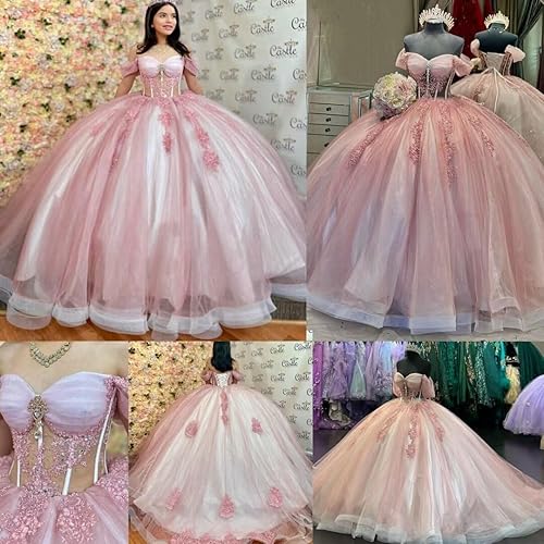 Miniatura 5 de Mouccy Vestidos de quinceañera de encaje con purpurina con cuentas y hombros descubiertos dulces 16 vestidos con tren perlado XV vestidos para
