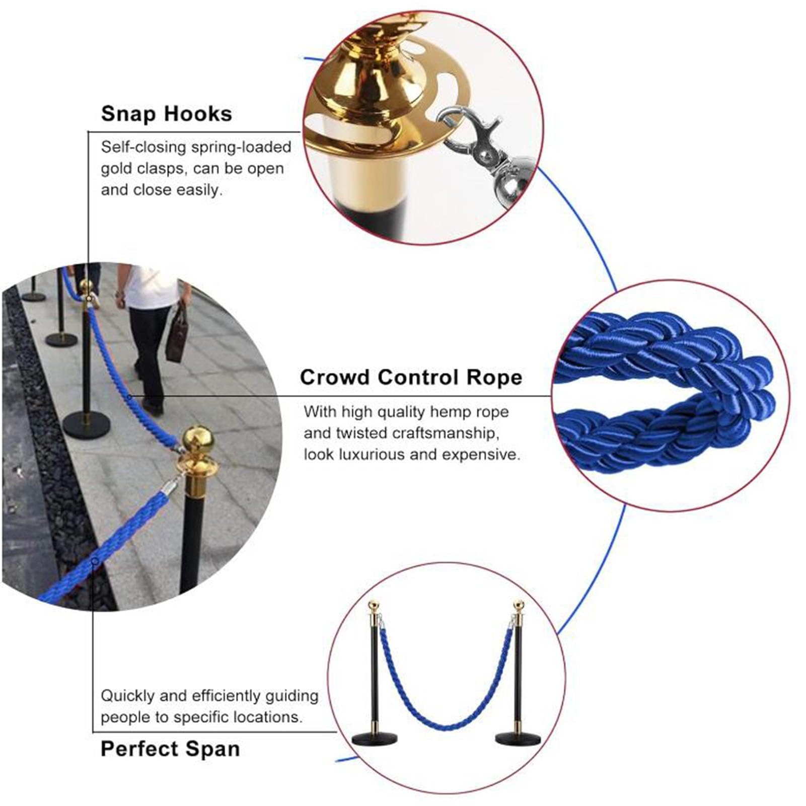 Mousqueton en métal tressé - Corde grise - 60 cm - Cordon de barrière pour hôtels, magasins, cinémas, accessoires